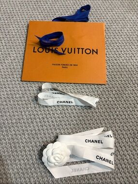 CHANEL White Camellia on Ribbon and LV ribbon and bag